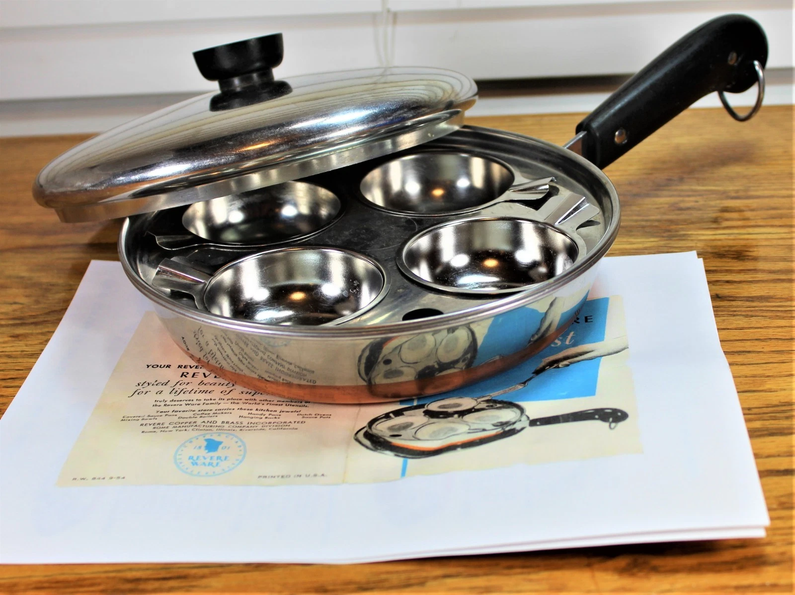Revere Ware 8" 4 Cup Egg Poacher Pot Copper Bottom Fry Pan Skillet Breakfast Uni