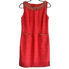 TALBOTS Sleeveless Shift Dress Sz 6 Tweed Fringe Orange Coral