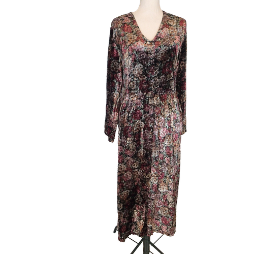 VTG Nostalgia Womens m Long Sleeve Floral Velvet Dress Button Front goth - Picture 2 of 20