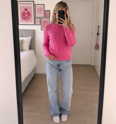 Ralph Lauren Sport Damen Strickpullover Zopfmuster Rosa L Rundhals Logo