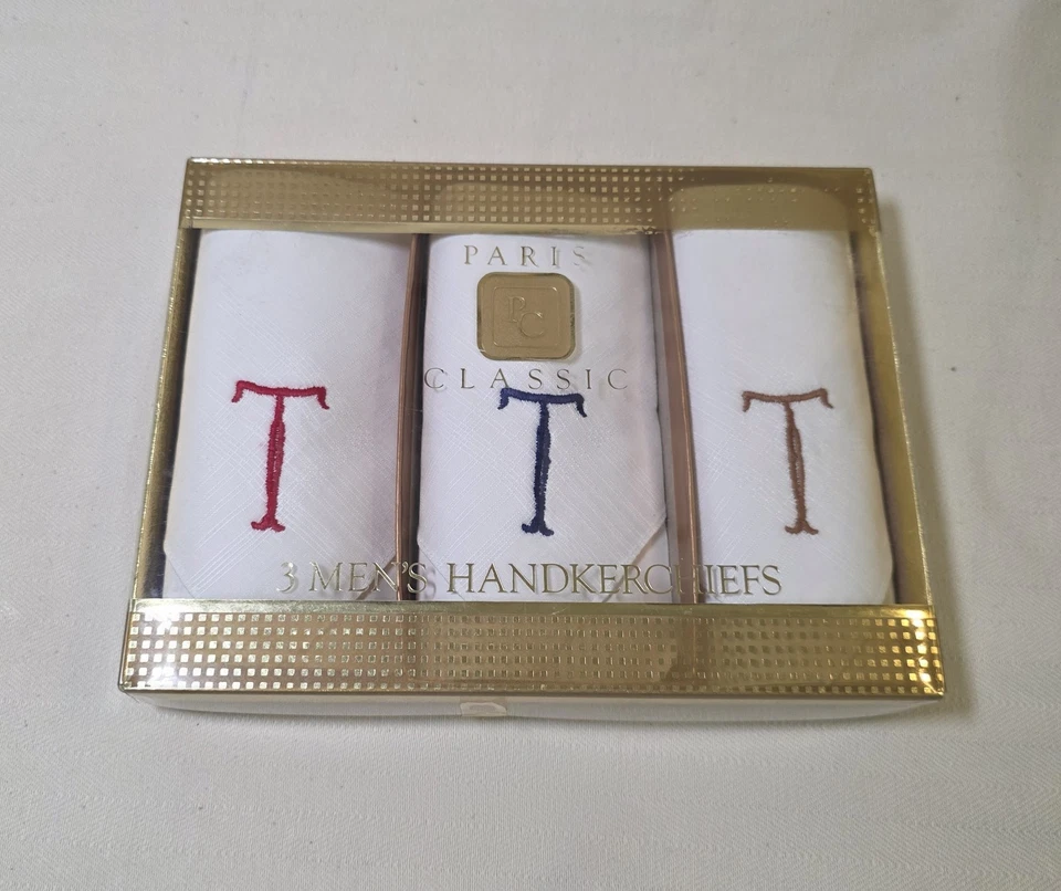 复古 Monogrammed 手帕 初始 T Hanky 3 件套 男式 巴黎经典 全新 — 第 2/4 张图片