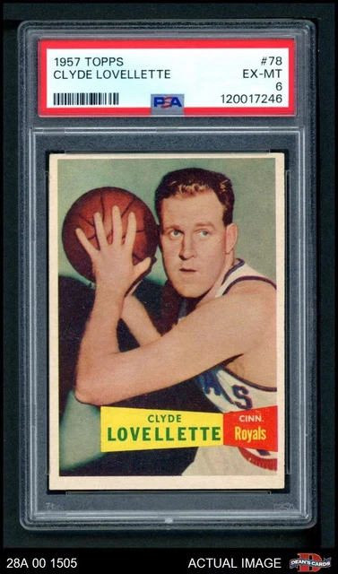 1957 Topps #78 Clyde Lovellette Royals-BskB DOUBLE-PRINT RC HOF Ka PSA 6 - EX/MT