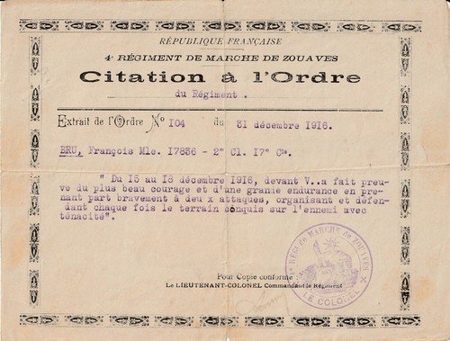 Document Militaire WW1 - Citation 4ème Régiment de marche de Zouaves - Afbeelding 1 van 1