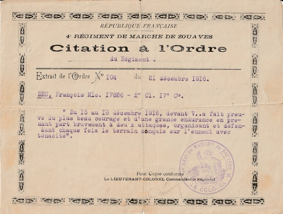 Document Militaire WW1 - Citation 4ème Régiment de marche de Zouaves - Photo 1/1