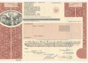 Bank Stock Certificate, "First Virginia Banks"