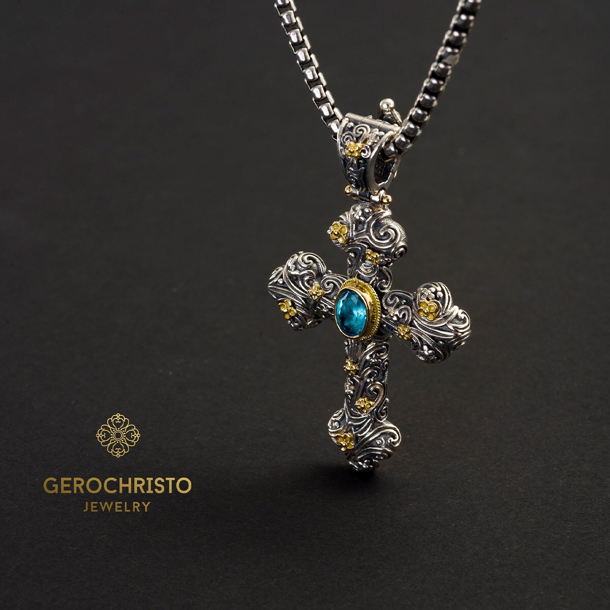 Gerochristo Byzantine Cross Pendant Solid Gold 18K & Sterling 