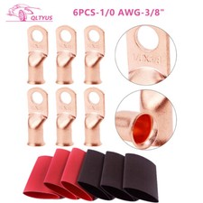 6PC 1/0AWG Gauge -3/8'' Copper Lugs W/BLACK RED Heat Shrink Ring Terminals Wire