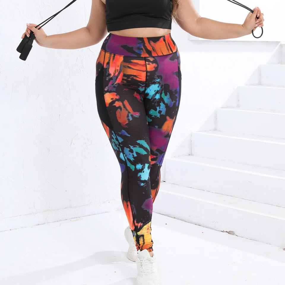 Tie Dye Plus Size Women's Leggings Sports Pocket Yoga Pants Gym Fitness 0XL-4XL - Image 4 of 4