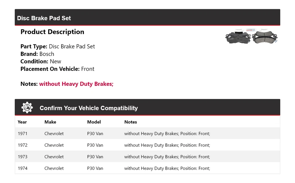 Pastillas de freno delanteras semimetálicas Bosch QuietCast 1971-1974 camioneta Chevrolet P30 Foto 2 de 4