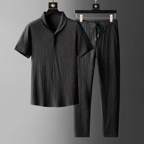 Summer Men's Spring Short Sleeve Casual Suit Slim Two-piece Set Drawstring Pants - Picture 2 of 26