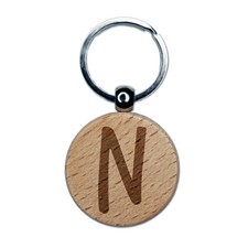 Letter N Uppercase Felt Marker Font Engraved Wood Round Keychain Tag Charm