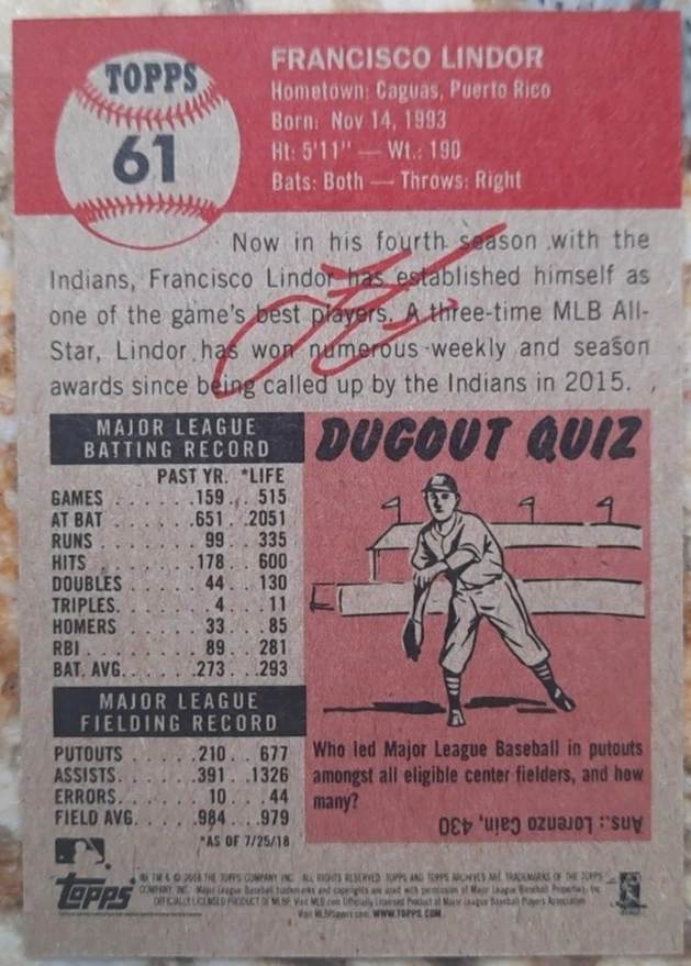 2018 TOPPS LIVING SET-FRANSISCO LINDOR-#61-BOX FRESH-ON GOING SET-INDIANS-A - Image 2 of 3