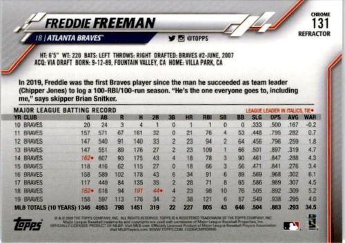 2020 Topps Chrome #131 Freddie Freeman Sepia Refractor - Bild 2 von 2