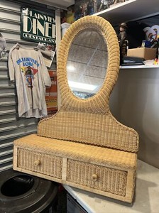 Vintage Natural Wicker Vanity Set XL Mirror With Floating Drawers BIG Beach Hous