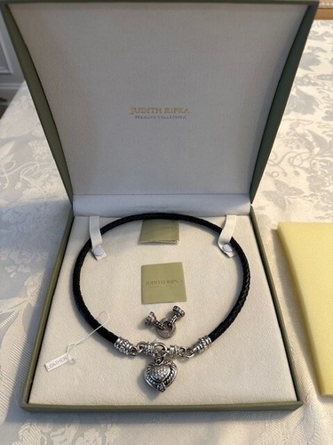Judith Ripka Black Leather Braided Sterling Silver Diamonique CZ Heart Necklace