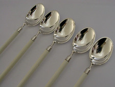 5 HANS HANSEN DANISH DESIGNER SOLID SILVER CERAMIC SUNDAE SPOONS c1950 MODERNIST