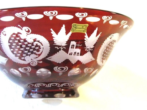 EGERMANN VINTAGE CZECH GLASS BOWL RUBY RED CUT TO CLEAR w TRADITIONAL DESIGNS - Picture 4 of 24