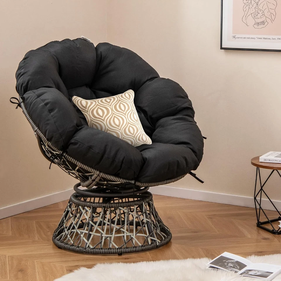PE Wicker Papasan Chair with 360° Swivel Base, Comfy Papasan Lounge Chair W/Thic - Image 2 of 4