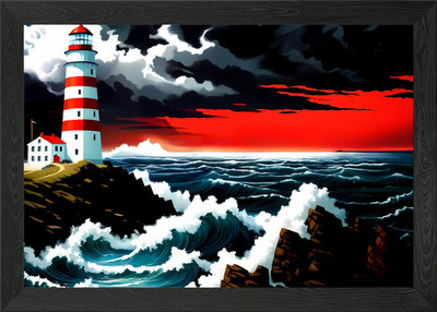 Leuchtturm weiß und rot gerahmtes Wandbild Poster Leinwanddruck Bild