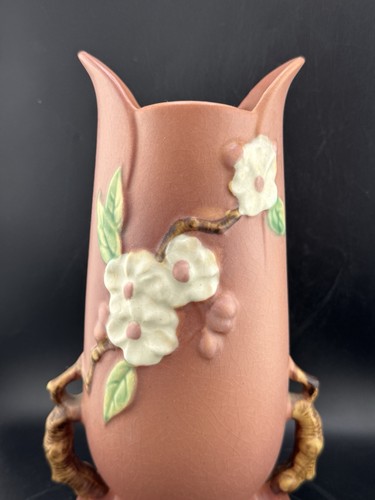 RAR ~ Roseville Apfelblüte Vintage Keramik Vase, Form 389-10, korallenrosa - Bild 11 von 16
