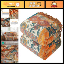 Boho Cotton Throw Blanket 60"x80" - Soft Woven Quilt with Tassels, Floral Design