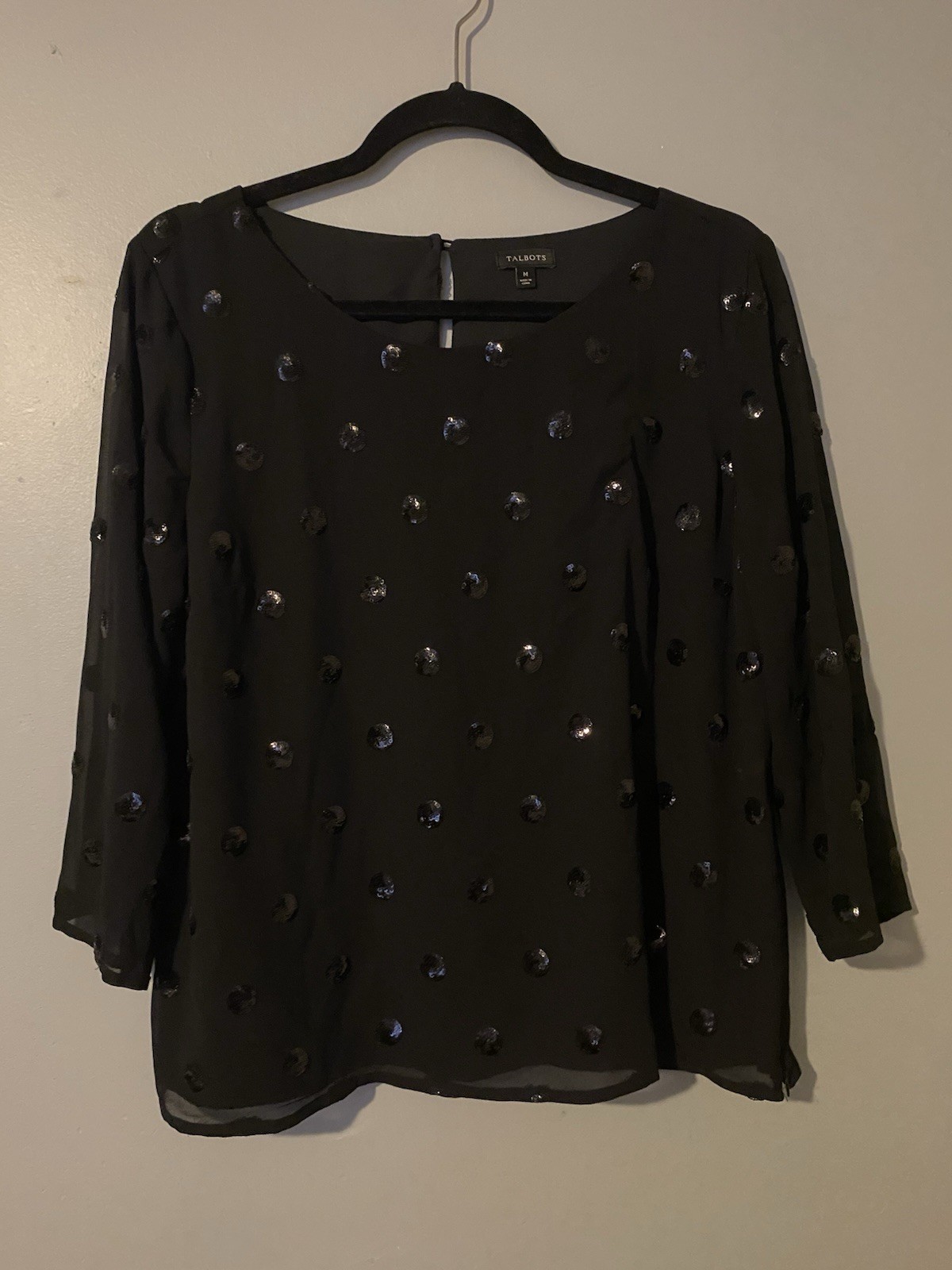 Talbots EUC Black Sequence Sheer Sleeve Blouse Si… - image 1