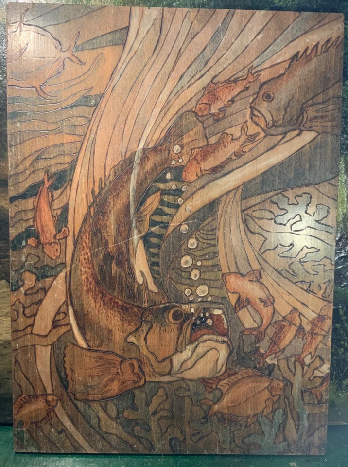 Ancienne gravure sur bois, pyrogravure art nouveau, mérou fonds marin 42 x 30 cm - Photo 2/4
