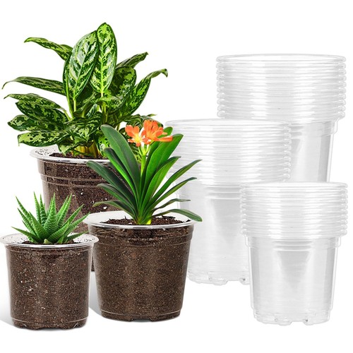 30 Pack 5/6/7 Inch Clear Nursery Pots with Drainage Holes, Clear Plant Pot fo...