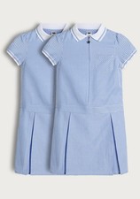 *NEW x2 Girls Blue Summer Gingham School Dress 5-6 7-8 8-9 11-12yrs F&F Uniform*