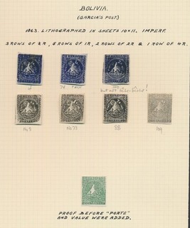 BOLIVIA STAMPS 1863 GARCIA POST CHALLAS PAGE w GREEN PROOF 2r RARE POSITION 100