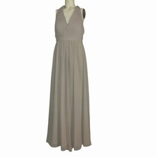Dress Size 14 Maxi Azazie Beige Halter Maxi Open Back Pleated Bodice Flowy Skirt