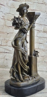 Bronze Statue of Female Bust Flower Hat Marble Base Lady Woman Signed Kassin Art