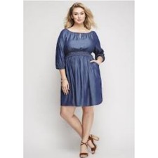 Lane Bryant Denim Chambray Off Shoulder Smocked Waist Midi Dress Plus Size 14 16