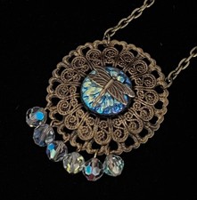 Vintage Necklace Art Nouveau Pendant W Antique Iridescent Dragonfly Czech Glass