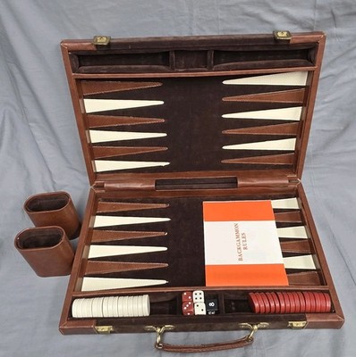 Vintage Backgammon Game Set Velvety Brown Briefcase Type TAIWAN Complete