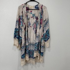 Umgee Floral Print Kimono Cardigan Lace Trim Boho Festival S M