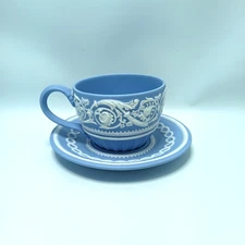 Wedgwood Blue Jasperware 250th Anniversary Arabesque Tea Cup and Saucer