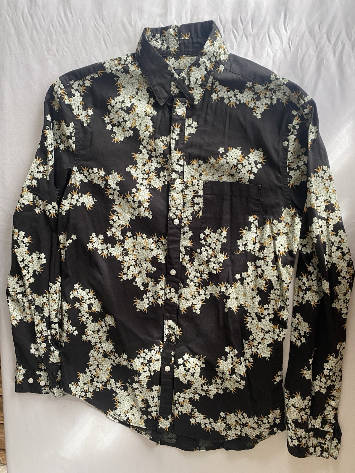 H&M Men's Black Floral Cotton Button-Up Shirt Regular Fit Long Sleeve S