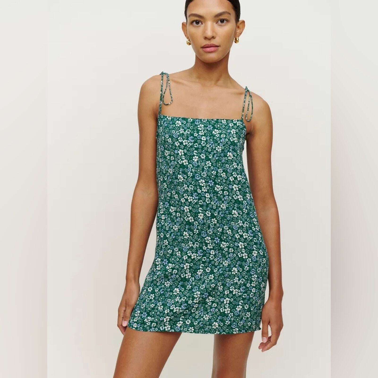 Reformation Green White Floral Mini Dress Adjustable Spaghetti