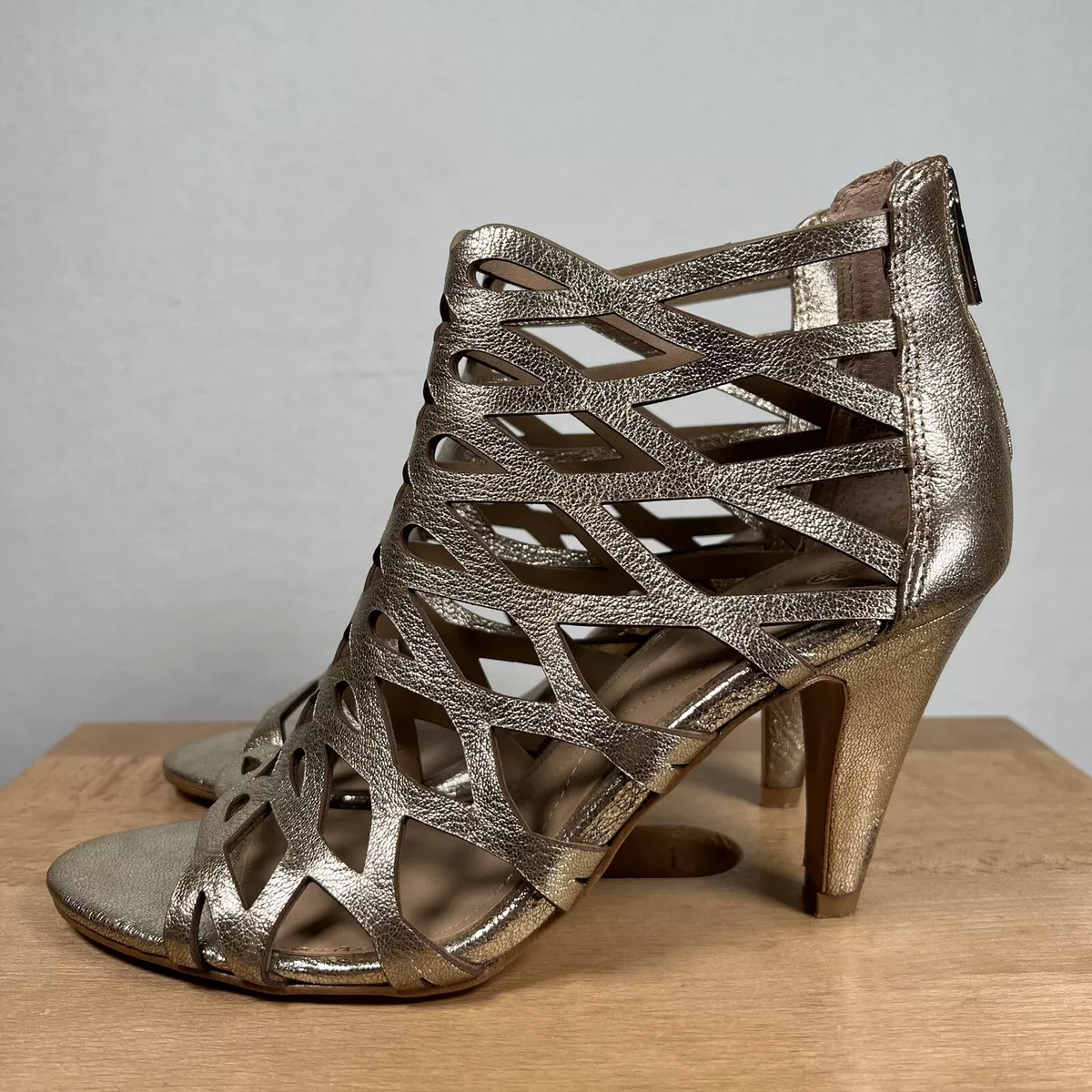Isola Women s Shoes Gold Leather Open Lattice Caged Sandal Heel