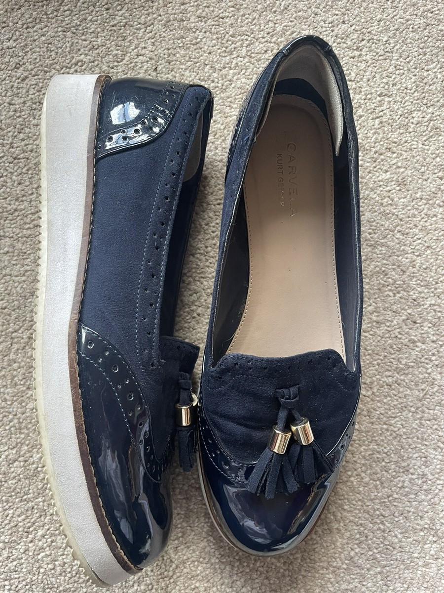 💙CARVELA KURT GEIGER NAVY BLUE PATENT TASSLE BROGUE SLIP ON FLATS SIZE  38 💙
