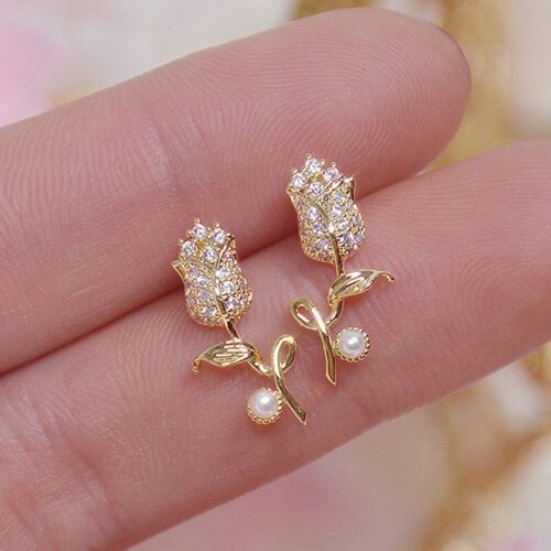 Fashion Gold Plated Crystal Pearl Flower Earrings Ear Stud Women Party Jewellery - Picture 4 of 30