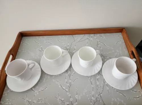  Vintage Corelle Enhancements White Swirl Coffee/Tea cups & saucers - 4 sets EUC