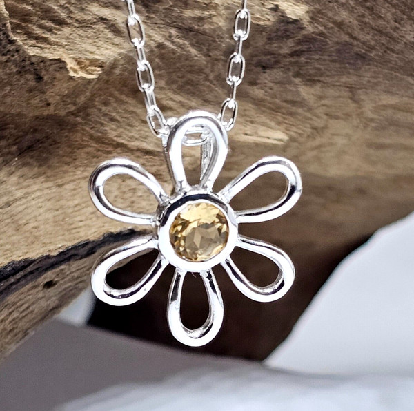 "Blume 925 Silber AnhäNger Halskette Citrin Edelstein 20\" Kette Schmuck & Verp..."-image
