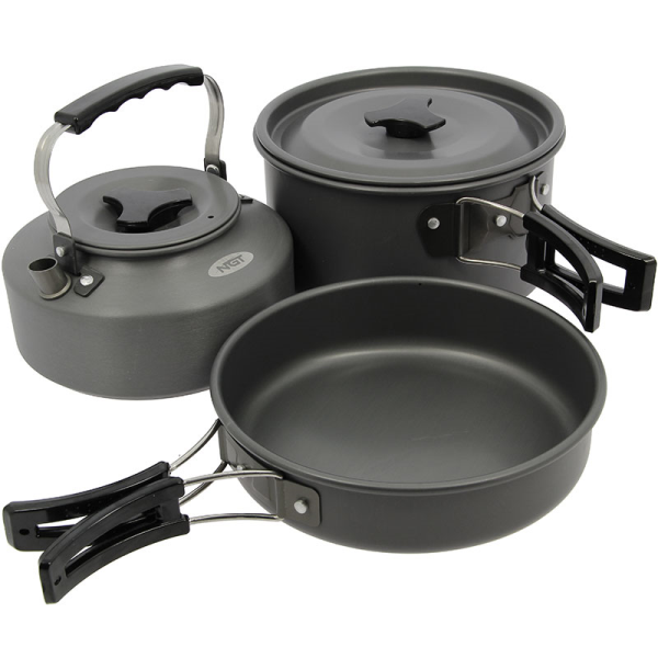 NGT 3 Piece Cooking Carp Fishing Camping Cook Set Kettle Frying Pan Pot