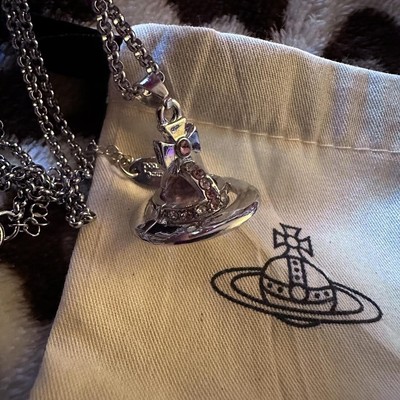 Vivienne Westwood Silver Pink Crystal Orb Saturn Pendant Necklace