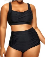 Daci Plus 24W Black2Pc Swimsuit Strap Buckle High Waist Tummy Control
