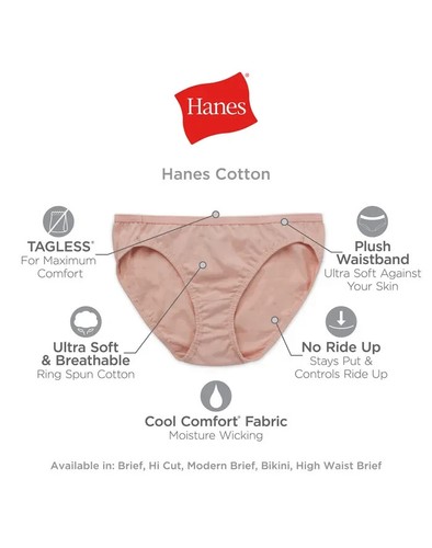 Hanes® Originals Women's Brief Underwear, Moisture-Wicking, 6-Pack "100% COTTON" - Picture 2 of 12