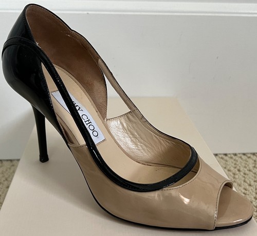 Jimmy Choo View Nude Black Two Tone Patent Leather Peep Toe Pumps Sz 38 8 $850 - Picture 5 of 14