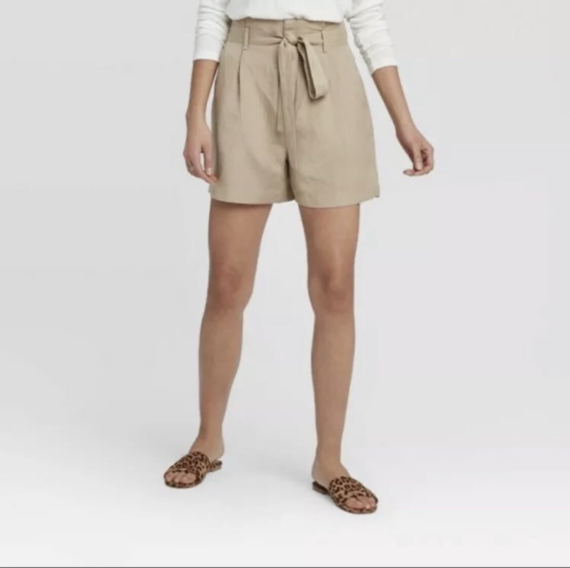 Women's Mid-Rise Linen Paperbag Shorts A New Day™ Tan 18